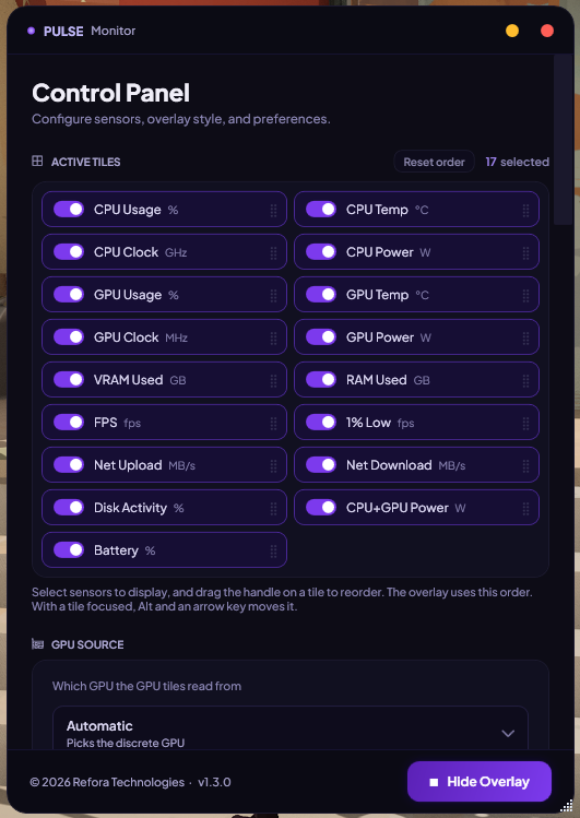 Pulse 1.3 control panel with 17 selectable sensor tiles and a GPU source selector